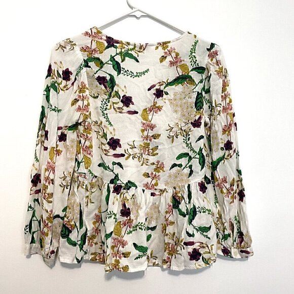 LUCKY BRAND Malia Peasant Top White Green Floral V-Neck Cutout Tie Long Sleeve - Picture 10 of 15